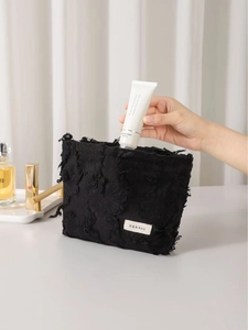 Minimalist black fringe cotton linen cosmetic bag with large capacity and soft tassel texture