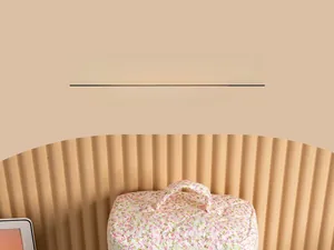 Close-up of floral quilted cosmetic bag featuring pink flowers and top handle detail