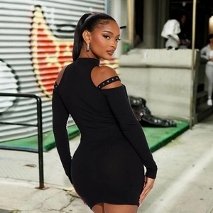 Black off-shoulder long sleeve slim dress with metal eyelet straps and street style