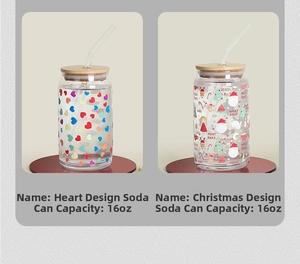 Detail view of 16oz glass can cups with wooden lids and straws featuring holiday patterns