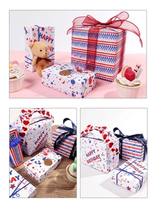 Macro detail of Happy Birthday gift wrapping paper set with ribbons and elegant tags