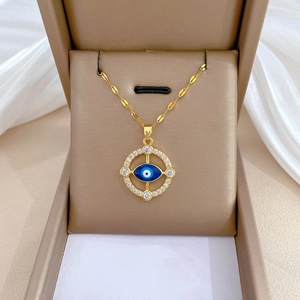 Evil Eye Necklace Gold Plated Stainless Steel Chain Copper Blue Zircon Pendant Round Sparkling Jewelry For Women
