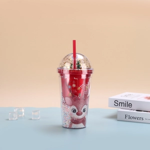 Detailed view of Christmas themed double-layer plastic cup with reindeer and sequins