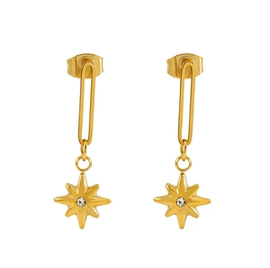 Macro shot of 18k gold plated starburst drop earrings with sparkling center crystal