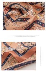 Detail view of floral satin square scarf showing fine stitching and bohemian pattern texture