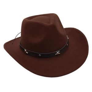 Detail of dark brown wool felt cowboy hat with silver star studs on leather band
