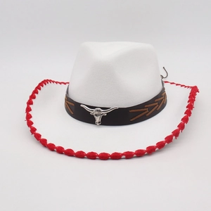 White Western cowboy hat with red trim and brown band featuring a silver bull skull