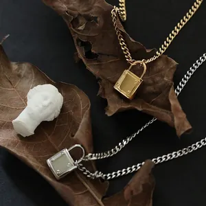 Hip hop style chunky cuban chain necklace with rivet lock pendant in gold and silver