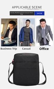 Detail of waterproof black oxford fabric shoulder bag showing adjustable strap and pocket