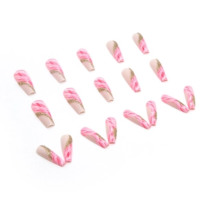 Long coffin press-on nails with pink marble pattern and gold glitter diagonal splice design