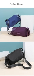 Vista de bolsos bandolera de nailon en azul, púrpura y negro con correas anchas ajustables