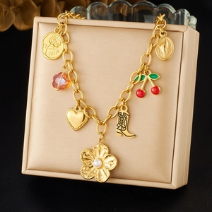 Stainless Steel Gold Plated Necklace Cherry Flower Heart Cowboy Boot Coin Charms Faux Artificial Pearl Women Sweet Korean Style