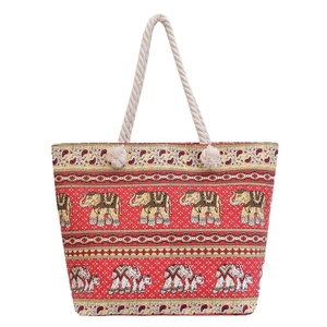 Ethnic bohemian tote bag with red elephant print and rope handles on white background