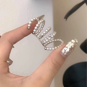 French vintage multi-layer pearl ear cuff with elegant spiral design and white beads
