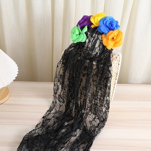 Detail of colorful artificial flower headband with elegant black lace veil on display