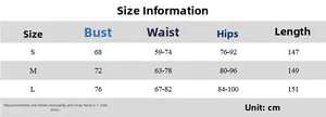 Detailed size chart for mesh maxi dress with bust waist hips and length measurements in cm