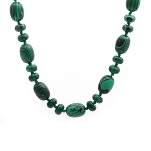 Handmade necklace with natural green agate stone beads and unique black stripe patterns