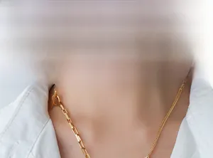 Detail of 18k gold plated asymmetrical chain necklace with OT toggle clasp and portrait coin