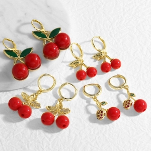 Cherry Dangle Hoop Earrings Copper Gold Plated Enamel Leaf Red Resin Fruit Zircon Inlaid Fashion Jewelry Women