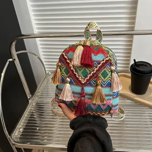 Mini Ethnic Woven Backpack Tassels Geometric Embroidery Lightweight Small Travel Bag For Women Bohemian Style