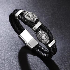 Bracciale In Pelle Intrecciata Da Uomo Ciondolo In Metallo Vichingo Ruota Solare Stile Punk Vintage Chiusura Magnetica