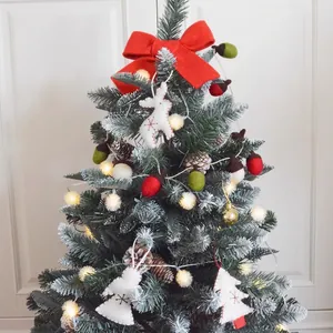 Christmas tree decoration set with felt deer, red velvet bow and warm LED globe string lights