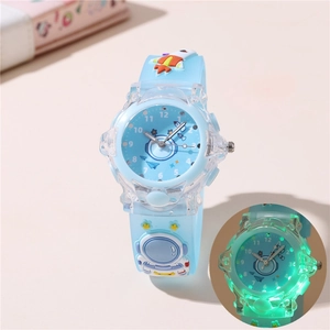 Montre enfant bleue astronaute et espace avec lumière LED et bracelet silicone fusée