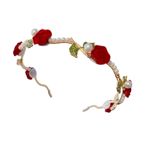 Elegant gold metal headband featuring velvet red roses, white pearls and green leaves
