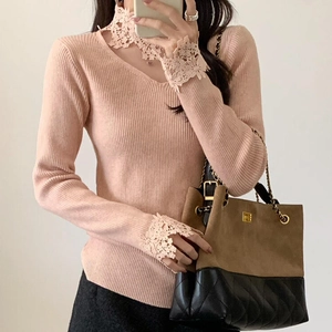 Haut En Tricot À Col En V Style Français Pour Femmes Avec Bordure En Dentelle Pull Ajusté À Côtes Automne Hiver