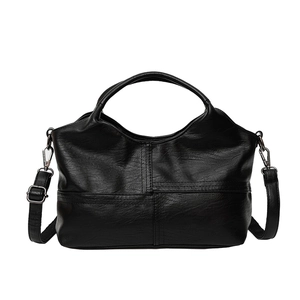 Classic black soft PU leather tote bag with dual handles and adjustable shoulder strap