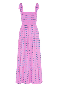 Detail of pink summer maxi dress with blue print, smocked bodice and tie straps