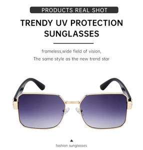 Macro detail of square metal sunglasses with purple gradient lenses and UV protection