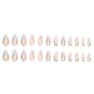 Blue and pink almond press-on nails with golden glitter swirls in 24-piece set