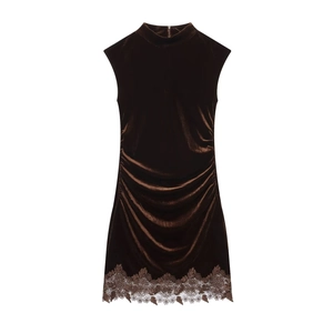 Robe Courte En Velours Sans Manches Col Montant Côté Froncé Dentelle Ourlet Élégant Moulante Pour Femmes Café