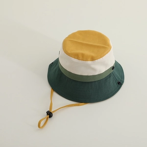 Three-color patchwork cotton bucket hat for kids with adjustable yellow windproof strap