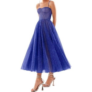 Elegant royal blue corset midi dress with sequined mesh and thin straps for parties