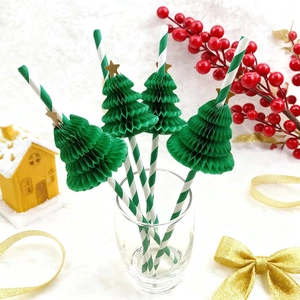 Green honeycomb Christmas tree paper straws with gold stars and stripes for party decor