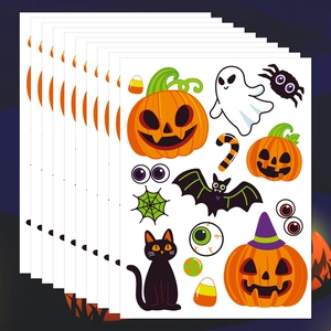 Set of Halloween window stickers featuring cute pumpkin, ghost, bat, and spider designs