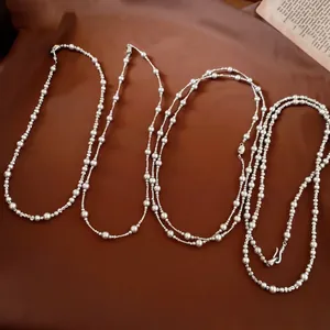 French Vintage Imitation Artificial Pearl Necklace With Crushed Silver Copper Beads Geometric Jewelry Gift For Women