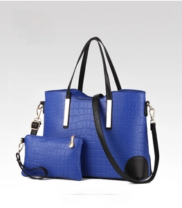 Royal blue crocodile pattern tote bag set with matching pouch and gold hardware details