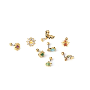 Set of 8 gold stainless steel stud earrings with colorful zircon animal and floral shapes