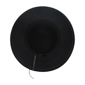 Top view of a black wide-brimmed wool fedora hat with an adjustable chin strap