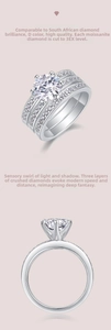 Macro view of D color 3EX moissanite ring with triple layer silver band and side stones