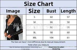 Size chart for women's V-neck knit top with bust and length in centimeters from S to XXL