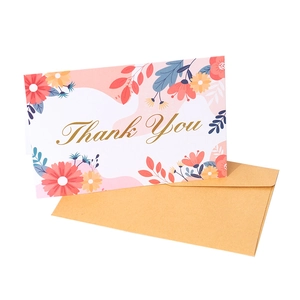 Floral thank you greeting card with gold lettering and kraft paper envelope set