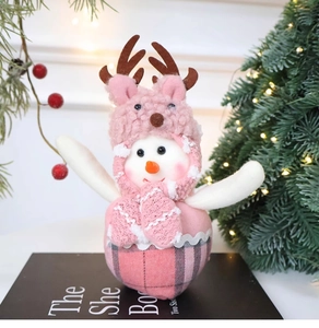 Detail showing pink and white plush snowman doll with knitted hat in a festive setting