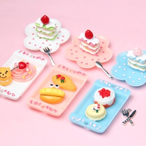 Miniature dollhouse food play set with cute polka dot plates and resin dessert cakes