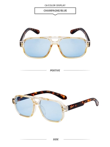 Vue de face et de profil de lunettes aviateur à double pont avec monture champagne et verres bleus