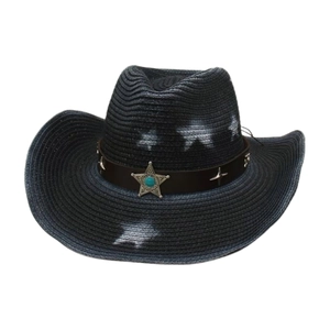 Men's western straw cowboy hat with white star prints and studded leather band