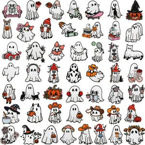 Detail view of various Halloween ghost embroidery patches with high texture and colorful patterns